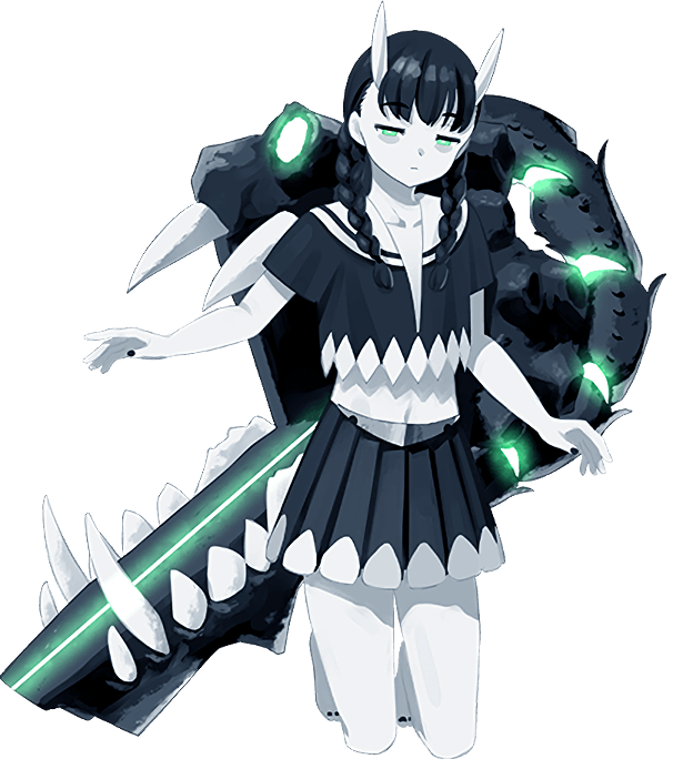 1girl, abyssal_ship, abyssal_stranded_landing_princess, bags_under_eyes, barefoot, black_hair, black_nails, braid