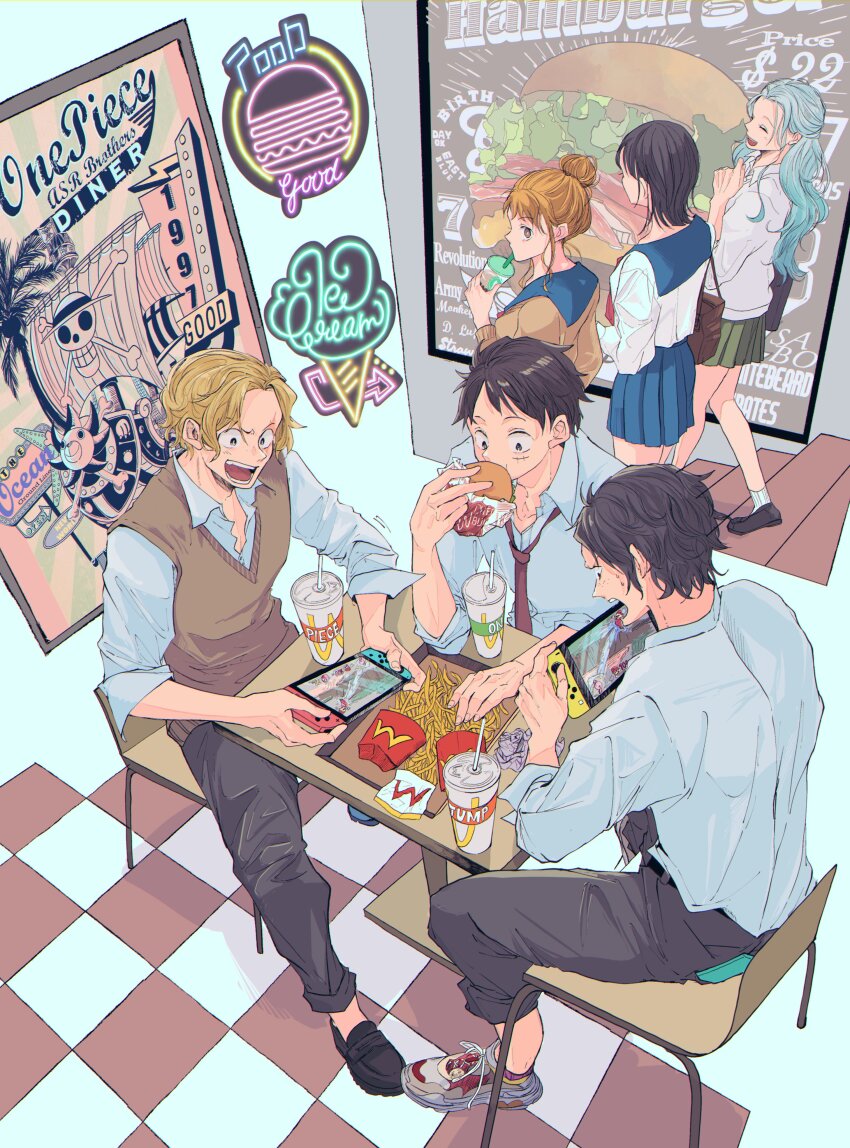 3boys, 3girls, absurdres, alternate_costume, alternate_universe, bag, black_hair, black_pants, blonde_hair, blue_eyes, blue_skirt, brothers, brown_sweater, brown_sweater_vest, burger, chair, collared_shirt, commentary, cup, disposable_cup, drinking_straw, drinking_straw_in_mouth, eating, facial_scar, fast_food, food, french_fries, full_body, green_skirt, hair_bun, handheld_game_console, highres, holding, holding_cup, holding_food, holding_handheld_game_console, indoors, jolly_roger, long_hair, long_sleeves, looking_inside, mabu_dachi43, monkey_d._luffy, multiple_boys, multiple_girls, nami_(one_piece), necktie, nefertari_vivi, nico_robin, nintendo_switch, one_piece, open_mouth, orange_eyes, orange_hair, pants, parted_bangs, pleated_skirt, portgas_d._ace, red_necktie, sabo_(one_piece), sailor_collar, scar, scar_on_cheek, scar_on_face, school_uniform, shirt, short_hair, shoulder_bag, siblings, single_hair_bun, sitting, skirt, socks, sweater, sweater_vest, table, thousand_sunny, walking, white_shirt, white_socks