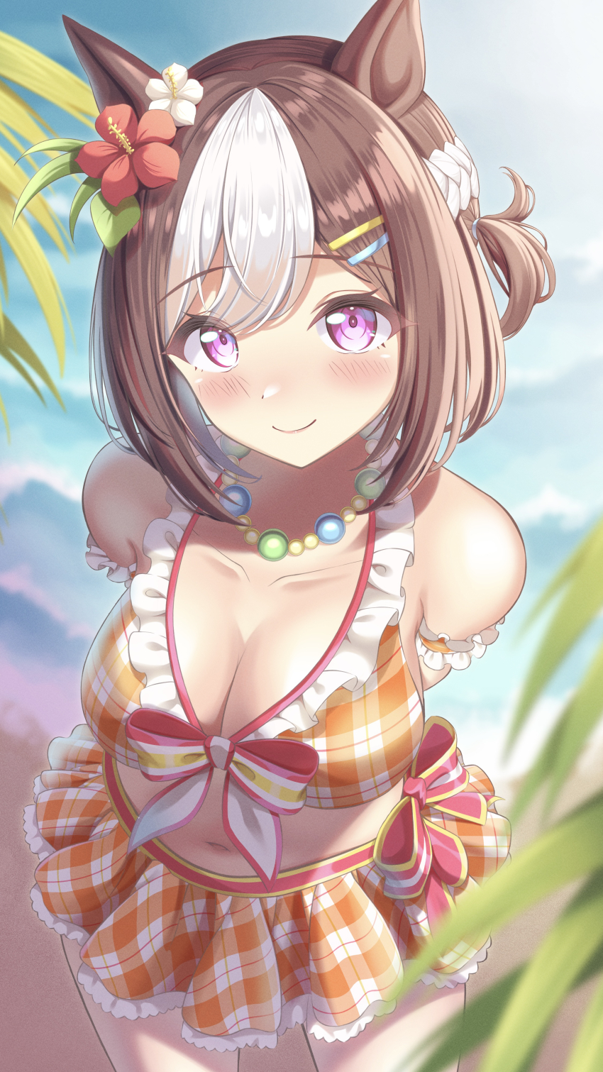 1girl, absurdres, animal_ears, arm_strap, armpit_crease, arms_behind_back, bare_shoulders, beach