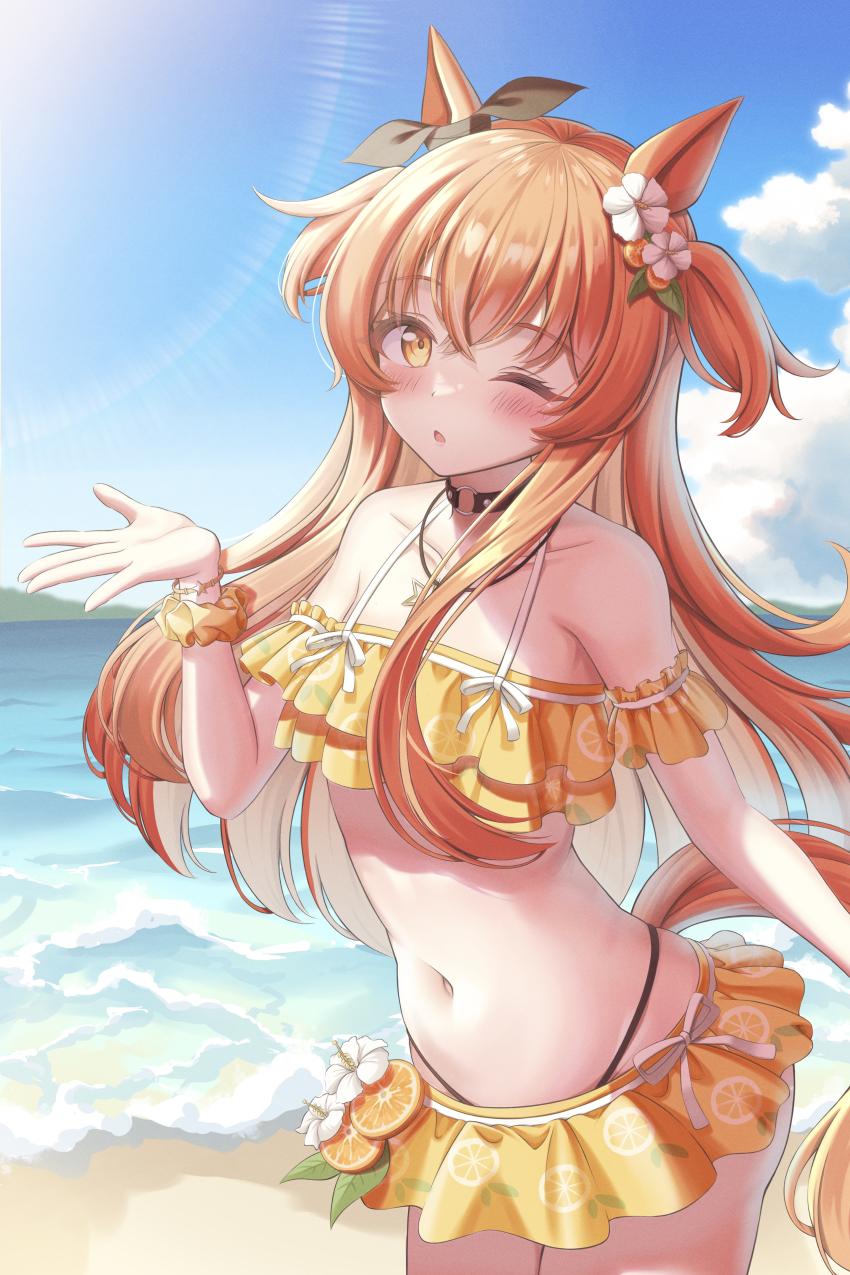 1girl, absurdres, alternate_costume, animal_ears, arm_strap, armpit_crease, bare_shoulders, beach
