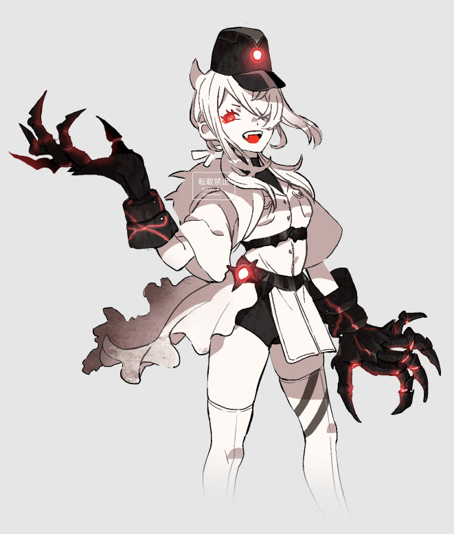 1girl, abyssal_ship, black_hat, black_shorts, breast_pocket, claws, colored_skin, cropped_legs