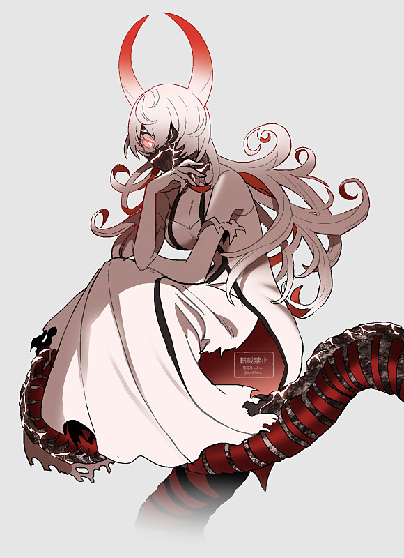 1girl, abyssal_heavy_cruiser_water_princess, abyssal_ship, breasts, cleavage, cracked_skin, dress, grey_background, hair_between_eyes, horns, kantai_collection, large_breasts, long_hair, looking_at_viewer, one_eye_covered, pale_skin, red_eyes, red_hair, shimin, simple_background, sleeveless, sleeveless_dress, solo, torn_clothes, torn_dress, very_long_hair, white_dress, white_hair