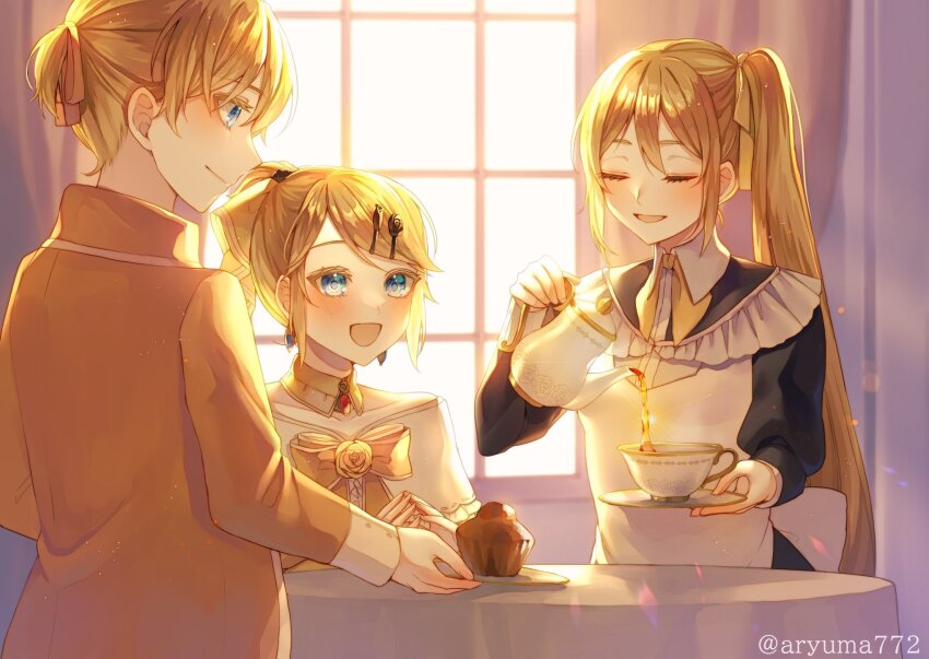 1boy, 2girls, akita_neru, aku_no_meshitsukai_(vocaloid), aku_no_musume_(vocaloid), allen_avadonia, apron, aryuma772