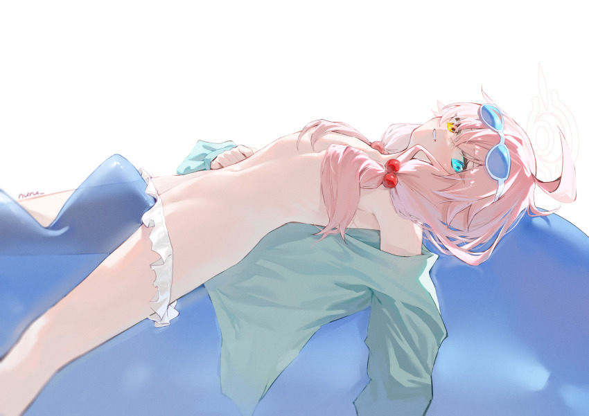 1girl, absurdres, bikini, blue-tinted_eyewear, blue_archive, blue_jacket, commentary_request, eyewear_on_head, frilled_bikini, frills, hair_ornament, hair_over_breasts, halo, heterochromia, highres, hoshino_(blue_archive), hoshino_(swimsuit)_(blue_archive), inflatable_toy, inflatable_whale, jacket, long_hair, looking_at_viewer, navel, nuru_(nuruffle_0720), official_alternate_costume, partial_commentary, pink_hair, pink_halo, solo, sunglasses, swimsuit, tinted_eyewear, topless_female, twintails, white-framed_eyewear, white_bikini