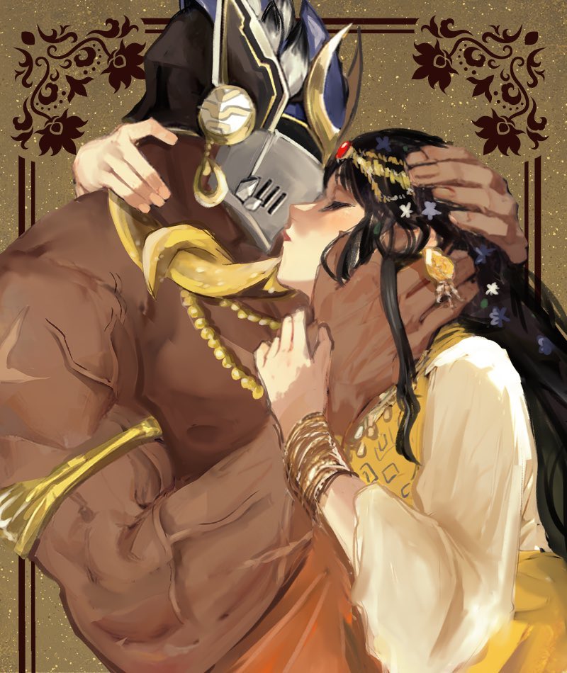 1boy, 1girl, armlet, asian_indian_clothes, bara, bare_shoulders, black_hair, bracelet, brown_background, closed_eyes, closed_mouth, commentary_request, couple, dark-skinned_male, dark_skin, earrings, flower, framed, hair_flower, hair_ornament, hand_on_another's_face, hand_on_another's_head, hand_on_another's_neck, head_chain, helmet, hetero, imminent_kiss, jewelry, long_hair, muscular, muscular_male, necklace, nipples, pectorals, scar, scar_on_arm, shiva_(housamo), tass_commuovere, tokyo_houkago_summoners, upper_body, veins, veiny_arms