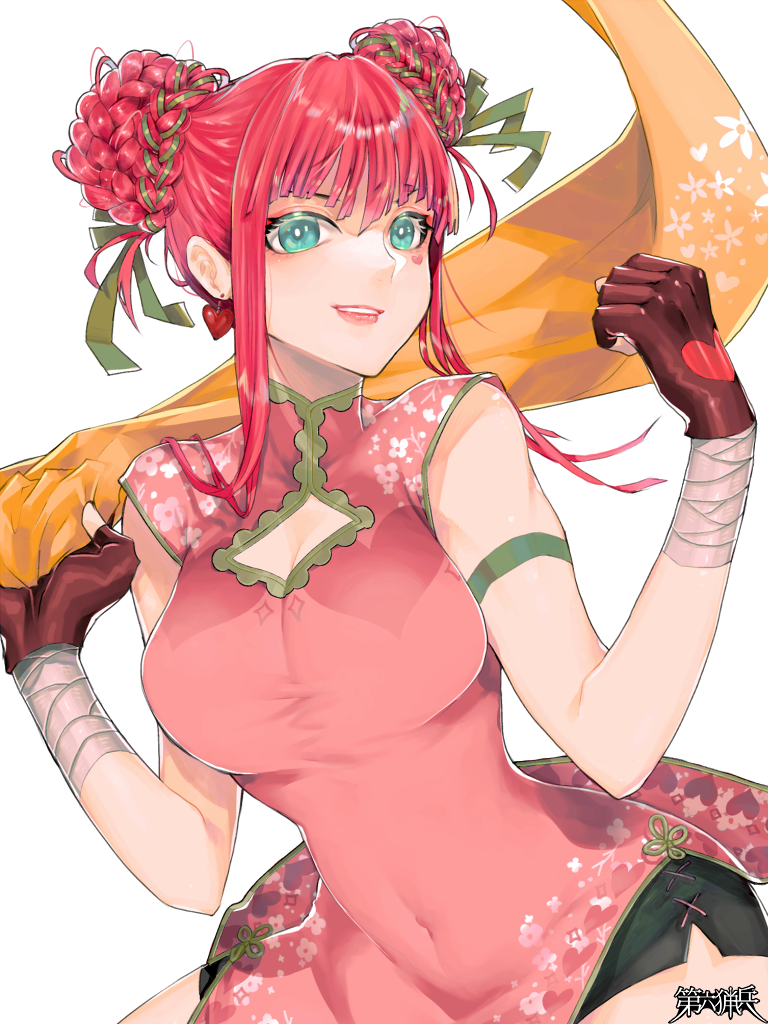 1girl, black_gloves, blue_eyes, breasts, cleavage_cutout, clothing_cutout, copyright_name, covered_navel, dairoku_ryouhei, double_bun, dress, earrings, fudo_himeka, gloves, green_ribbon, hair_bun, hair_ribbon, heart, heart_earrings, heart_print, jewelry, long_hair, medium_breasts, pink_dress, pink_hair, print_gloves, ribbon, scarf, shorts, side_slit, side_slit_shorts, sleeveless, solo, standing, tenya_amamiya, white_background, yellow_scarf