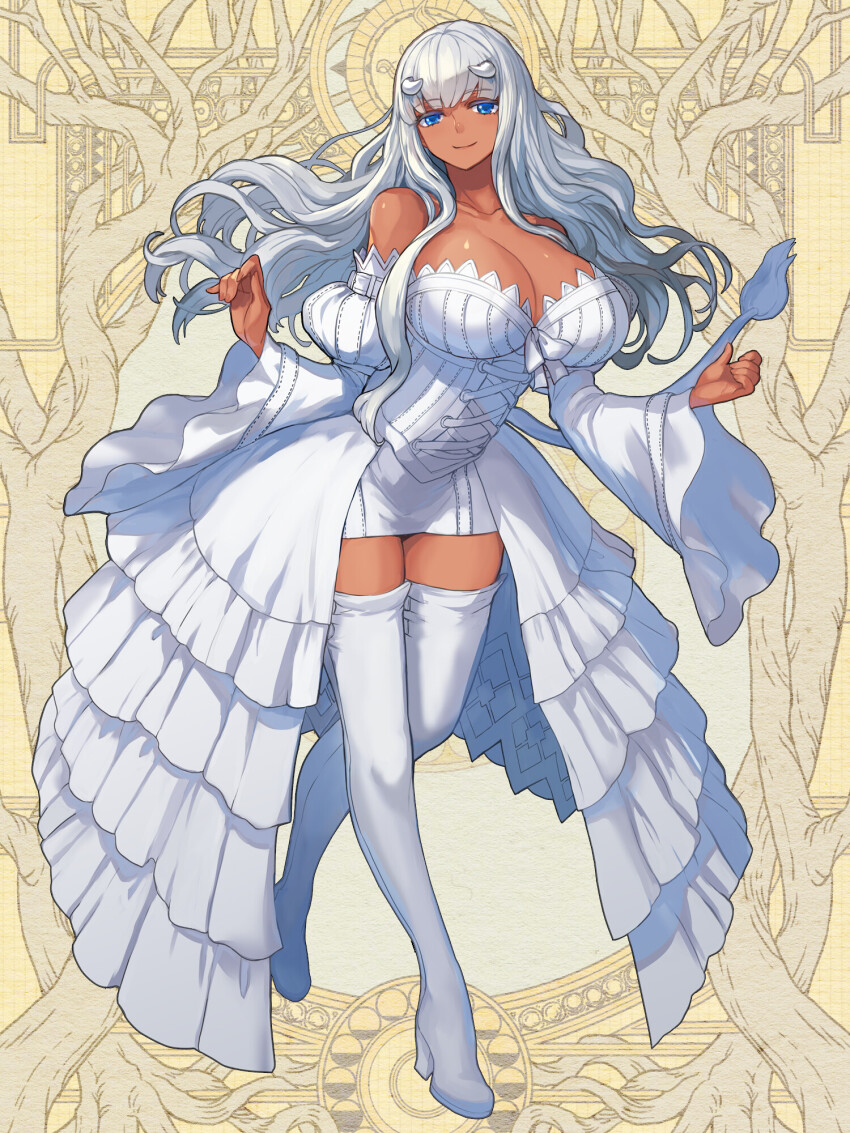 1girl, blue_eyes, boots, breasts, cleavage, dairoku_ryouhei, dark-skinned_female, dark_skin, dress, full_body, highres, horns, kishiba_yuusuke, large_breasts, long_sleeves, mukka_veloce, puffy_long_sleeves, puffy_sleeves, smile, solo, standing, tail, thigh_boots, thighhighs, white_boots, white_dress, white_horns, wide_sleeves, yellow_background, zettai_ryouiki
