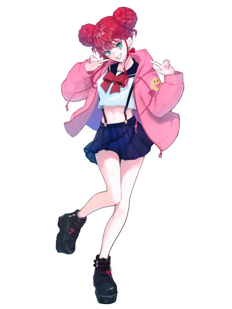 black_footwear, black_sailor_collar, blue_skirt, braid, braided_bun, crop_top, dairoku_ryouhei, double_bun, earrings, facial_mark, fudo_himeka, green_eyes, grin, hair_bun, heart, heart_earrings, heart_facial_mark, hood, hood_down, jacket, jewelry, misty_cj, navel, pink_jacket, platform_footwear, pleated_skirt, pointing, pointing_at_self, red_hair, sailor_collar, shirt, short_hair_with_long_locks, skirt, smile, smiley_face, suspenders, white_shirt, zipper