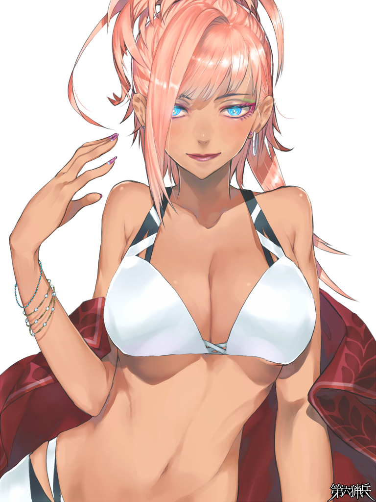 1girl, blue_eyes, bracelet, breasts, cleavage, copyright_name, dairoku_ryouhei, dark-skinned_female, dark_skin, earrings, jewelry, lipstick, long_hair, makeup, medium_breasts, navel, otori_mimi, pink_hair, pink_nails, solo, tenya_amamiya, white_background