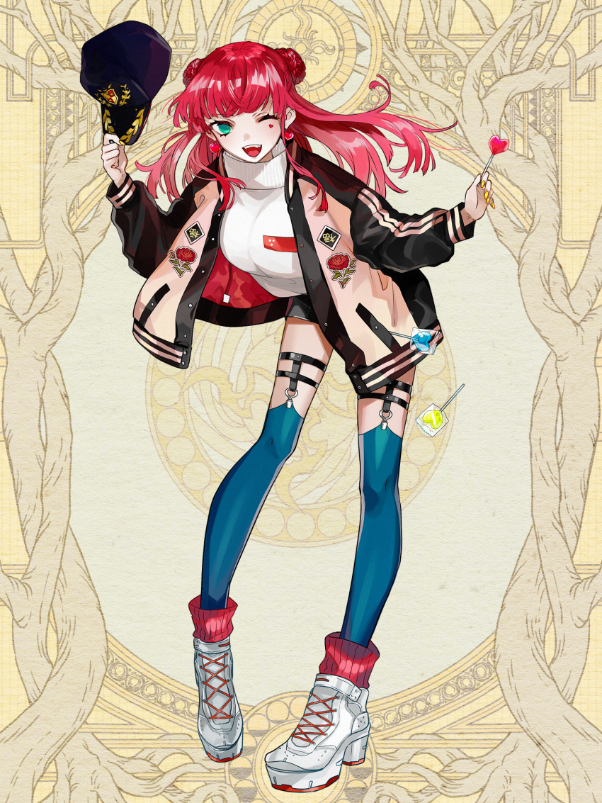 1girl, ;d, binzoko, black_jacket, blue_thighhighs, braid, braided_bun, candy