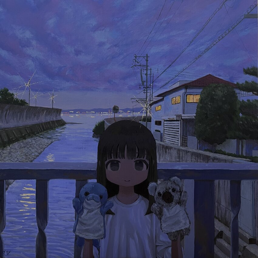 1girl, bay, black_eyes, black_hair, blue_sky, blunt_bangs, blunt_ends, city_lights
