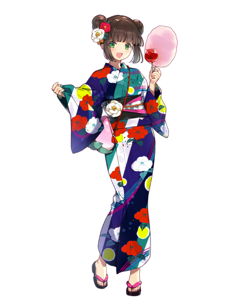 1girl, :d, bag, brown_hair, candy_apple, cotton_candy, dairoku_ryouhei, double_bun