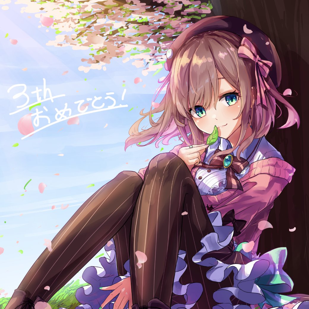 !, 1girl, against_tree, aqua_bow, aqua_nails, arm_between_legs, beret, black_bow