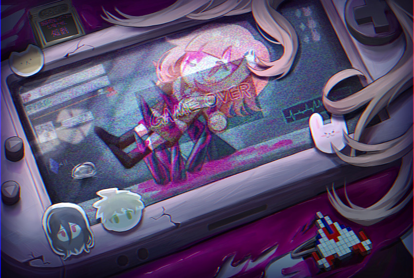 1girl, blood, cartridge, character_pin, danganronpa_(series), danganronpa_2:_goodbye_despair, danganronpa_3_(anime), hair_ornament