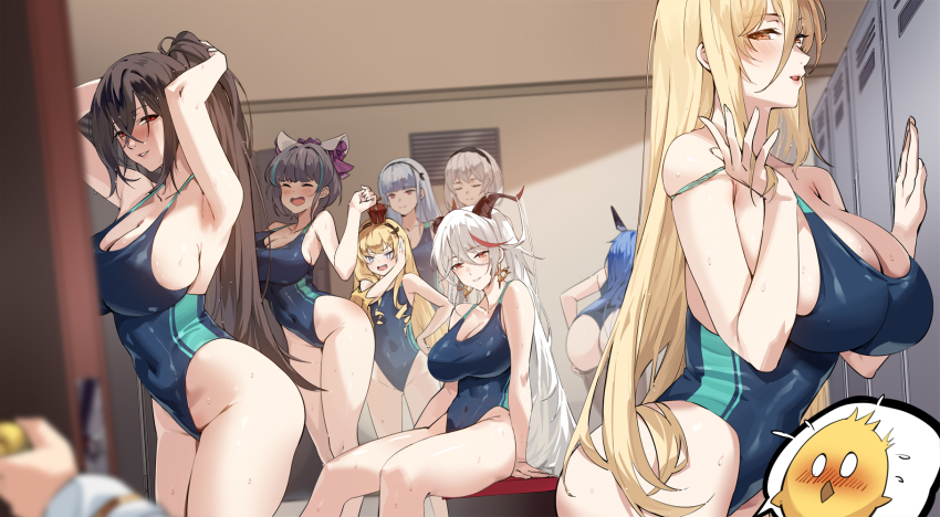 6+girls, :d, adjusting_hair, aegir_(azur_lane), alternate_costume, ass, azur_lane, baby_animal