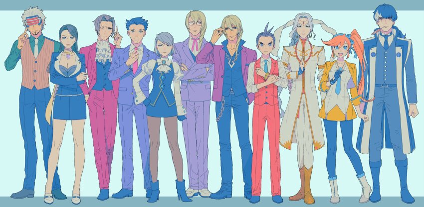 >:(, 3girls, 6+boys, :d, ace_attorney, adjusting_clothes, adjusting_hair, adjusting_necktie