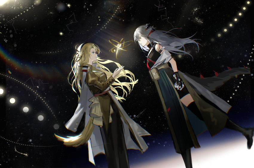 2girls, absurdres, animal_ears, arknights, black_dress, black_footwear, black_gloves, black_pants, black_thighhighs, blonde_hair, blue_eyes, boots, closed_mouth, coat, constellation, dog_ears, dog_girl, dog_tail, dragon_girl, dragon_horns, dragon_tail, dress, falling_star, floating_hair, from_side, gloves, grey_hair, highres, horns, juliet_sleeves, kristen_(arknights), long_hair, long_sleeves, looking_at_another, looking_at_object, multiple_girls, open_clothes, open_coat, orange_eyes, orbital_path, originium_arts_(arknights), pants, parted_lips, profile, puffy_sleeves, qunai, saria_(arknights), shirt, sky, sleeveless, sleeveless_dress, smile, star_(sky), starry_sky, tail, thighhighs, very_long_hair, white_coat, yellow_shirt