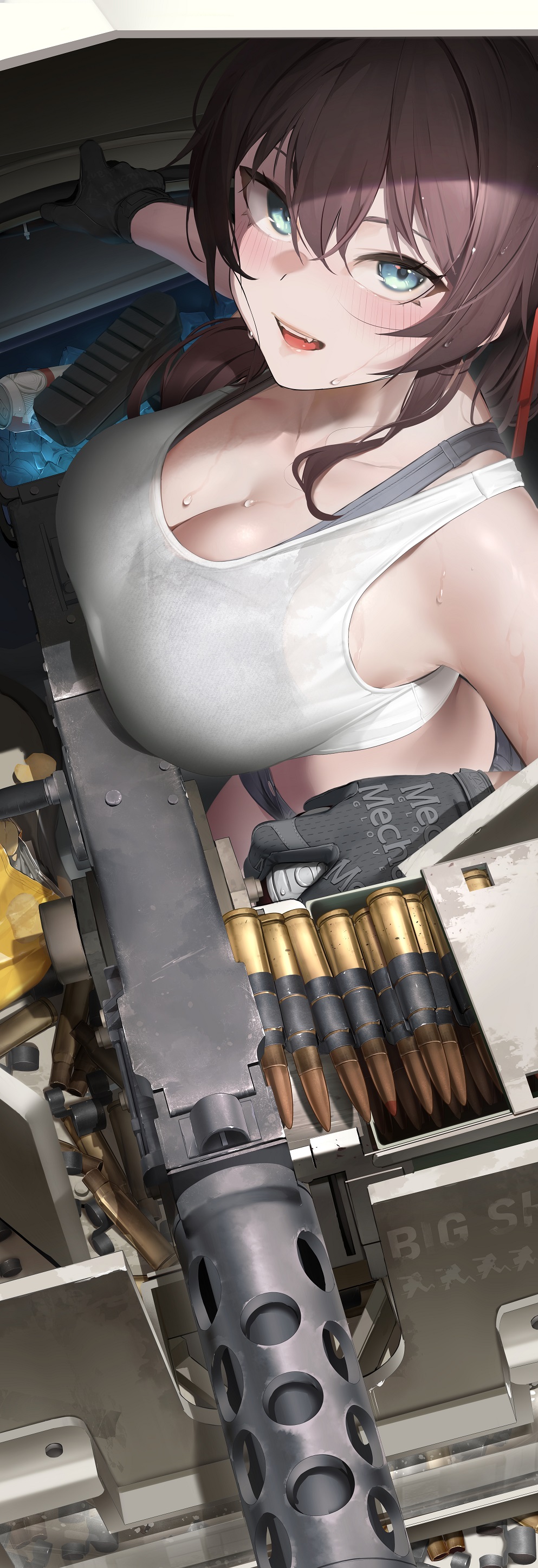 1girl, absurdres, ammunition, ammunition_belt, armpits, bare_shoulders, black_bra, black_gloves