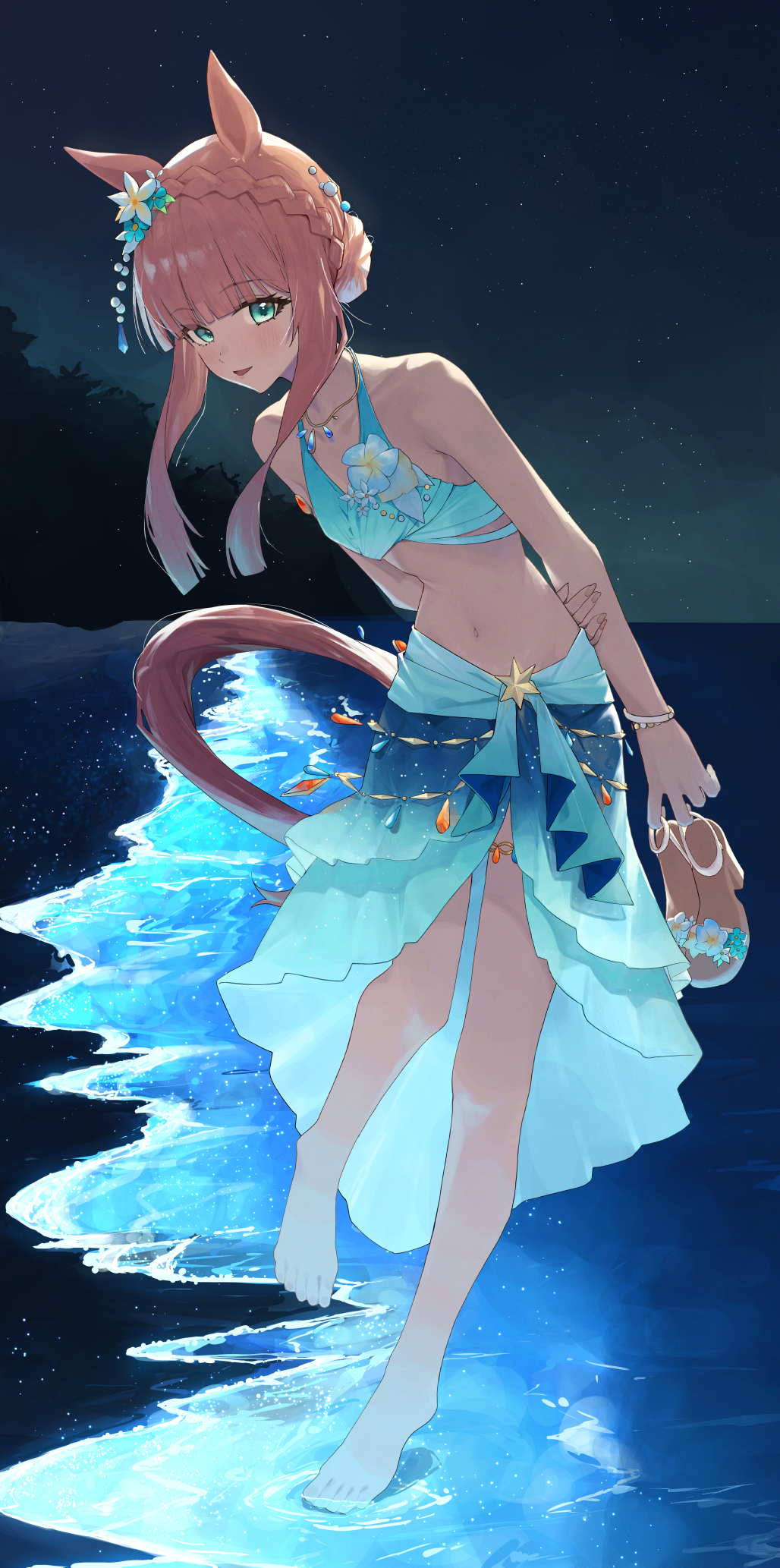 1girl, animal_ears, aqua_flower, arm_behind_back, bangle, bare_shoulders, barefoot, beach