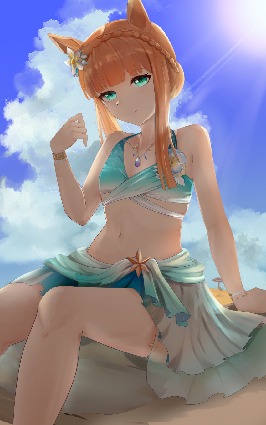 1girl, absurdres, animal_ears, bare_shoulders, beach, bikini, blunt_bangs, blunt_tresses, bracelet, braid, breasts, cleavage, cloud, collarbone, commentary, crown_braid, cumulonimbus_cloud, denryoku_saboten, ear_flower, flower, flower_on_chest, foot_out_of_frame, green_bikini, green_eyes, green_sarong, highres, horse_ears, horse_girl, jewelry, light_rays, midriff, navel, necklace, official_alternate_costume, official_alternate_hairstyle, orange_hair, outdoors, parasol, plumeria, ribs, rock, sarong, sidelocks, silence_suzuka_(emerald_on_the_waves)_(umamusume), silence_suzuka_(umamusume), sitting, small_breasts, smile, solo, star_ornament, sun, sunlight, swimsuit, tracen_swimsuit, umamusume, umbrella, white_flower