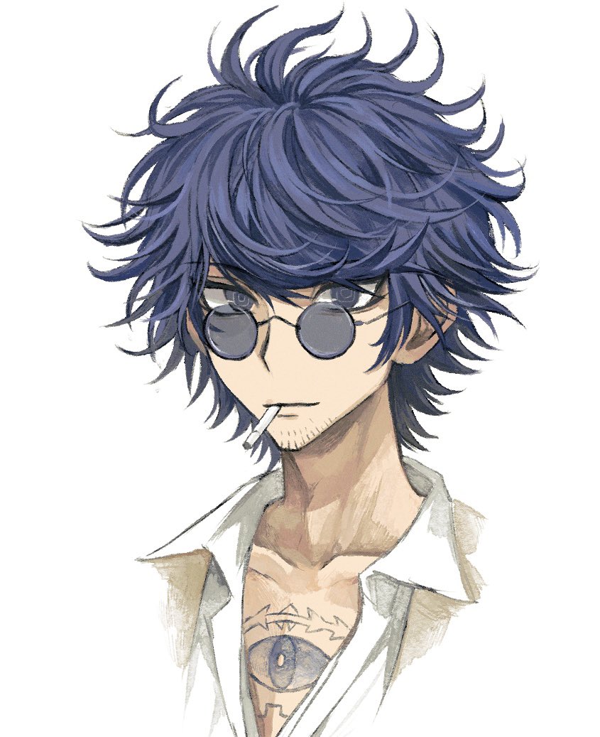 1boy, blue_eyes, blue_hair, chest_tattoo, cigarette, closed_mouth, collared_shirt, commentary_request