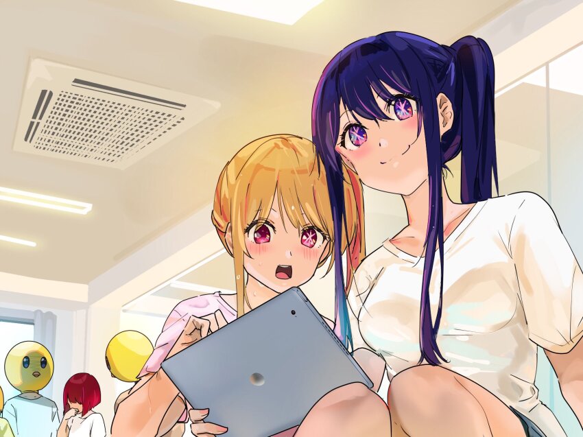 2boys, 4girls, alternate_universe, arima_kana, bird_mask, blonde_hair, blush, bob_cut