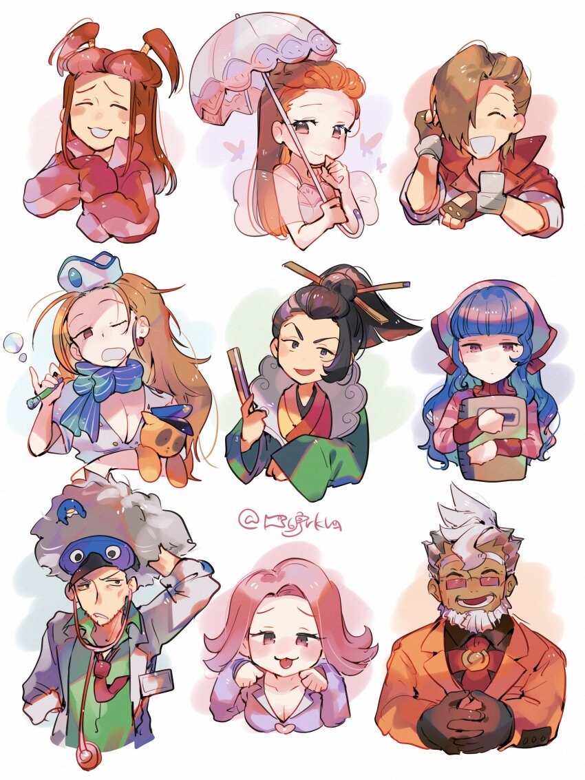 4girls, 5boys, :d, ^_^, absurdres, ace_attorney, ace_attorney_investigations, ace_attorney_investigations:_miles_edgeworth, apollo_justice:_ace_attorney, april_may, beard, bird_mask, blue_hair, blue_scarf, blunt_bangs, blush, breasts, brown_gloves, brown_hair, bubble, bug, butterfly, cammy_meele, cleavage, closed_eyes, closed_mouth, collared_shirt, commentary_request, dahlia_hawthorne, damon_gant, dress, facial_hair, fingerless_gloves, folding_fan, gloves, green_shirt, grey_hair, hagoromo, hair_bun, hair_ornament, hair_over_one_eye, hair_stick, hanaon, hand_fan, hand_to_own_mouth, headscarf, herman_crab, highres, holding, holding_fan, holding_sketchbook, holding_stuffed_toy, holding_umbrella, insect, jacket, japanese_clothes, kimono, lab_coat, long_hair, long_sleeves, looking_at_viewer, mask, matt_engarde, medium_breasts, multiple_boys, multiple_girls, necktie, one_eye_closed, open_mouth, orange_hair, orange_jacket, own_hands_together, parasol, paw_pose, phoenix_wright:_ace_attorney, phoenix_wright:_ace_attorney_-_dual_destinies, phoenix_wright:_ace_attorney_-_justice_for_all, phoenix_wright:_ace_attorney_-_spirit_of_justice, phoenix_wright:_ace_attorney_-_trials_and_tribulations, pink-tinted_eyewear, pink_hair, pink_headscarf, pink_headwear, pink_jacket, pink_sweater, red_eyes, red_hair, red_jacket, red_necktie, sarushiro_souta, scarf, shawl, shirt, short_hair, short_sleeves, single_hair_bun, sketchbook, sleepy, sleeves_past_fingers, sleeves_past_wrists, smile, stuffed_toy, sweater, tinted_eyewear, uendo_toneido, umbrella, v-shaped_eyebrows, vera_misham, white_background, white_dress, white_hair, white_headwear, white_umbrella