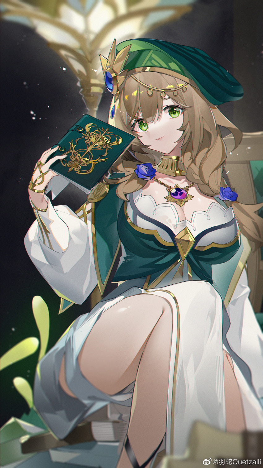 1girl, absurdres, akademiya_uniform, beret, blue_flower, blue_gem, book, book_stack, braid, breasts, brown_hair, cleavage, closed_mouth, dress, feet_out_of_frame, flower, gem, genshin_impact, gold_choker, green_dress, green_eyes, green_hat, hat, highres, holding, holding_book, knee_up, large_breasts, light_particles, lisa_(a_sobriquet_under_shade)_(genshin_impact), lisa_(genshin_impact), long_hair, long_sleeves, looking_at_viewer, official_alternate_costume, open_book, sitting, solo, very_long_hair, vision_(genshin_impact), white_sleeves, yushe_quetzalli