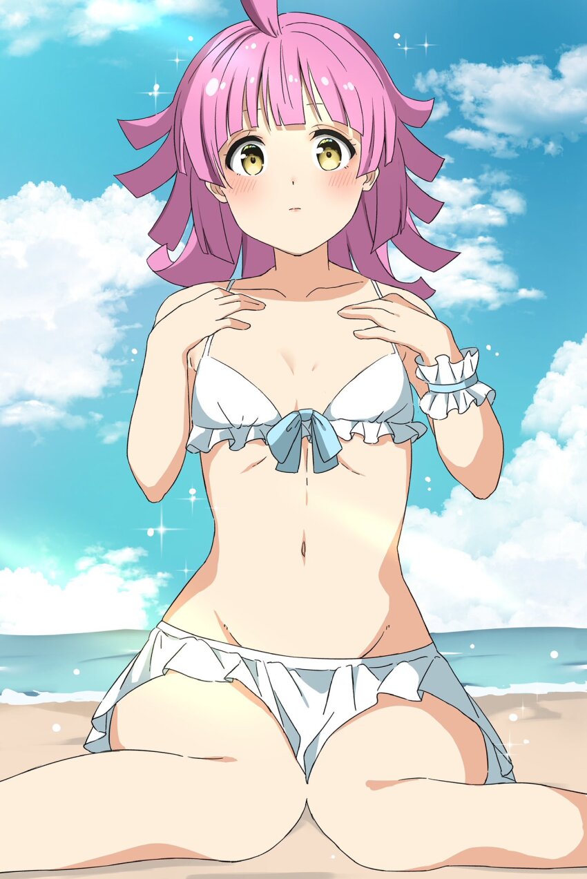 1girl, ahoge, beach, bien_(djpwjd1), bikini, bikini_skirt, blue_bow, blue_sky