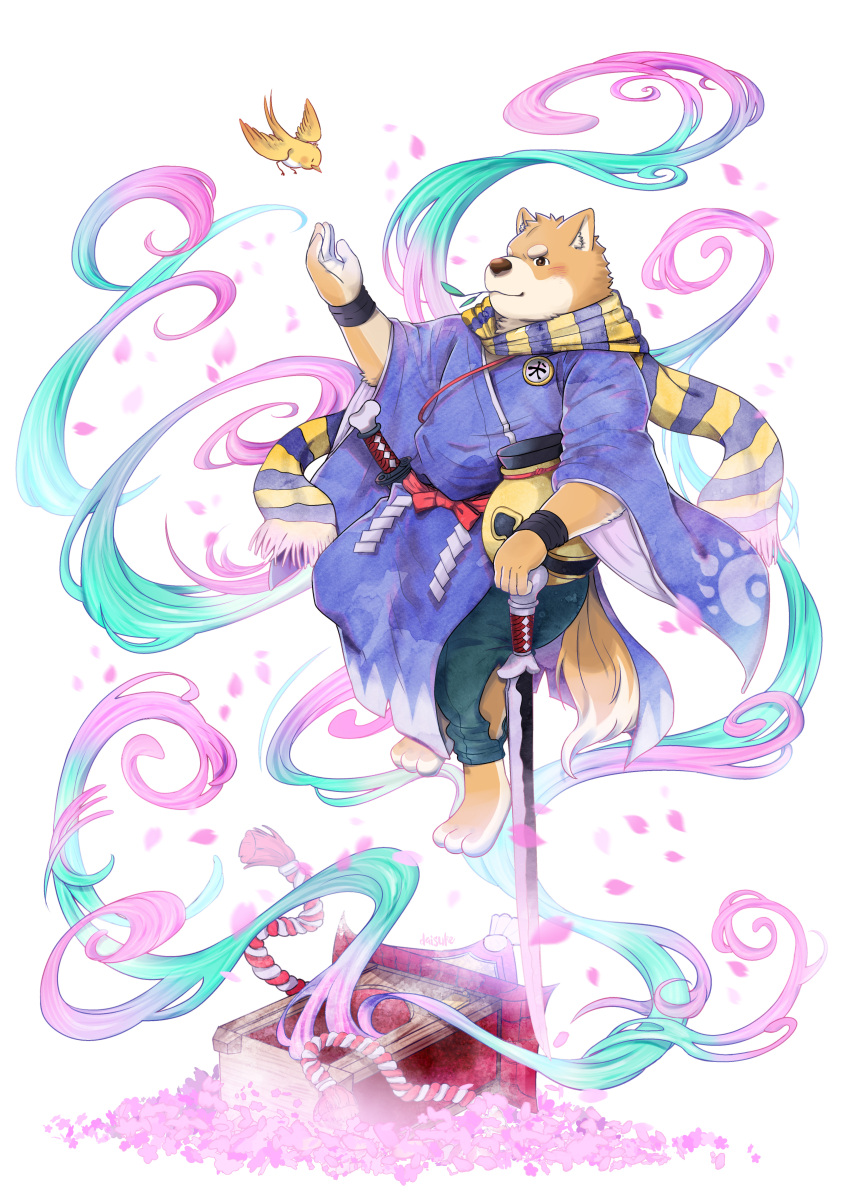 1boy, absurdres, bara, bird, blush, daisukebear, dog_boy, floating, full_body, furry, furry_male, highres, holding, holding_sword, holding_weapon, inugami_(onmyoji), japanese_clothes, katana, kimono, looking_ahead, magic, male_focus, midair, onmyoji, onmyouji, planted, planted_sword, planted_weapon, purple_kimono, scarf, shiba_inu, smile, solo, sword, thick_eyebrows, v-shaped_eyebrows, weapon, yellow_bird, yellow_scarf