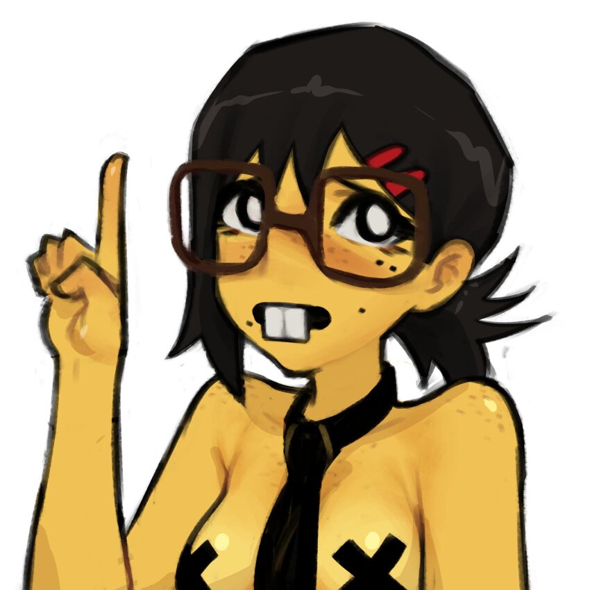 1girl, black_hair, black_necktie, breasts, buck_teeth, chainsaw_man, colored_skin, glasses