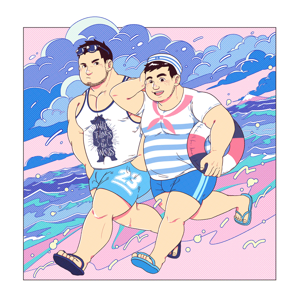 2boys, animal_print, aqua_male_swimwear, bara, beach, bear_print, beard_stubble, belly