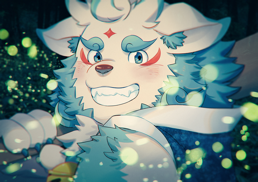 1boy, agyo_(housamo), animal_ear_fluff, aqua_eyes, aqua_fur, bell, blue_nails, blurry