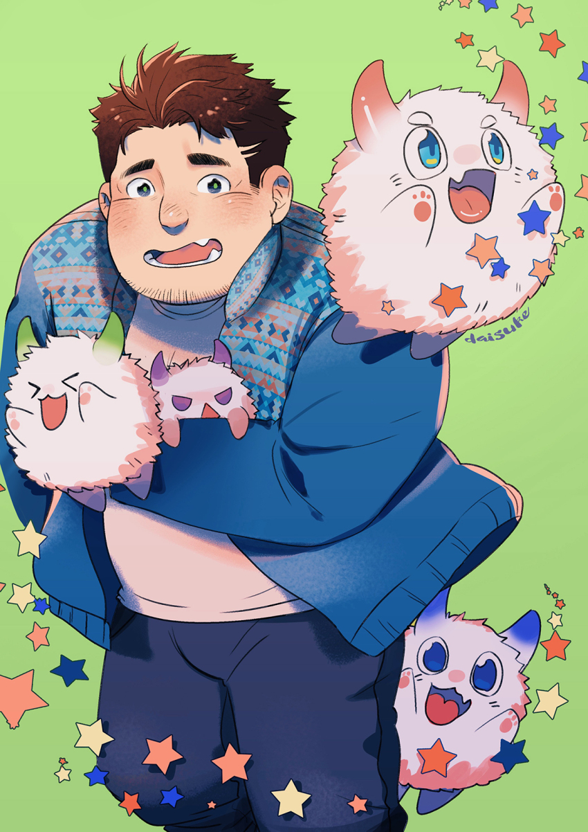 >_<, 1boy, :d, bara, belly, blush, brown_hair, creature