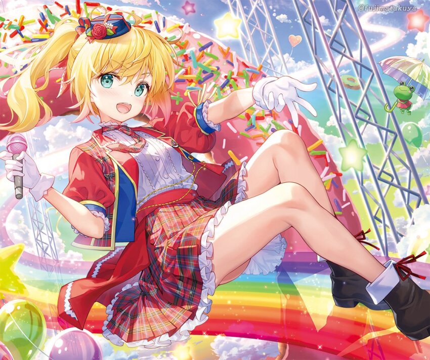 1girl, :d, balloon, black_boots, blonde_hair, blue_eyes, blue_hat, blue_sky