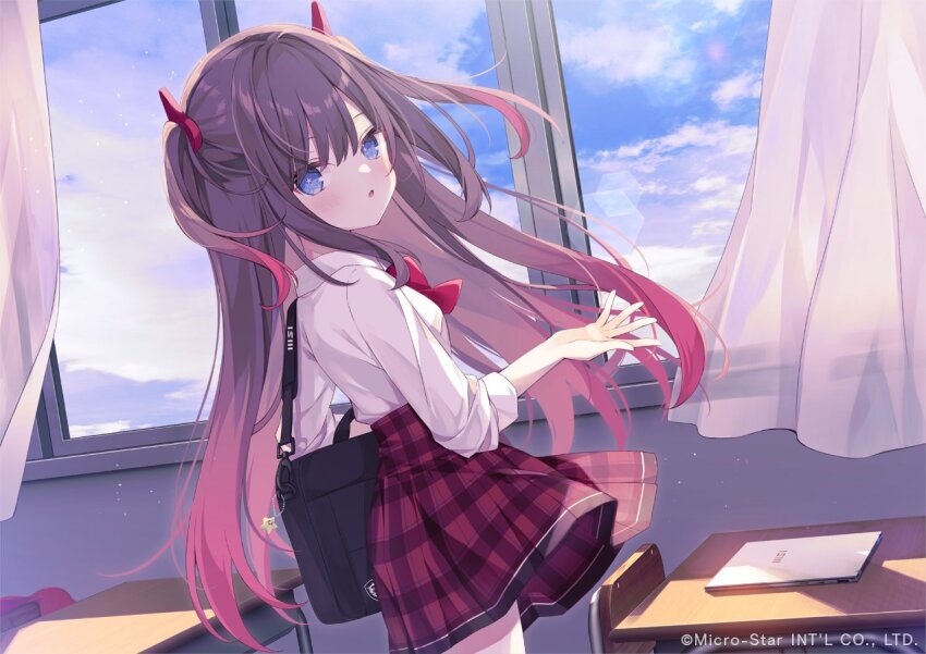 1girl, bag, blue_eyes, blue_sky, bow, brown_hair, chair, cloud