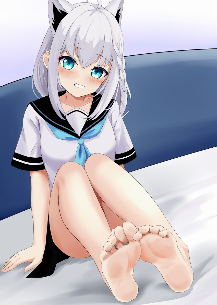 1girl, absurdres, animal_ears, barefoot, blue_eyes, blush, ekarisu, feet, grin, highres, hololive, long_hair, looking_at_viewer, school_uniform, serafuku, shirakami_fubuki, silver_hair, smile, soles, toes, virtual_youtuber