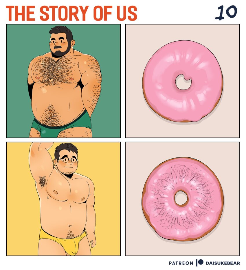 ._., 2boys, arm_hair, armpit_hair, armpits, arms_behind_back, ass_hair, bara, beard, big_belly, blush, briefs, bulge, chest_hair, daisukebear, dark-skinned_male, dark_skin, english_text, facial_hair, fat, fat_man, glasses, green_male_underwear, hairy, highres, large_pectorals, leg_hair, long_sideburns, male_focus, male_underwear, mature_male, multiple_boys, muscular, muscular_male, mustache, navel_hair, nipples, original, pectorals, pink_donut, presenting_armpit, round_eyewear, short_hair, sideburns, smile, stomach, symbolism, thick_eyebrows, thick_mustache, thick_thighs, thighs, topless_male, underwear, yellow_male_underwear