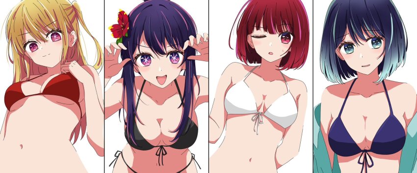 4girls, ;o, alternate_costume, arima_kana, bikini, black_bikini, black_hair, blonde_hair