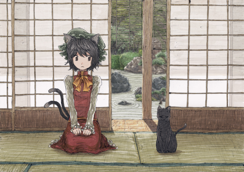 1girl, animal_ears, brown_eyes, brown_hair, cat, cat_ears, cat_tail, chen