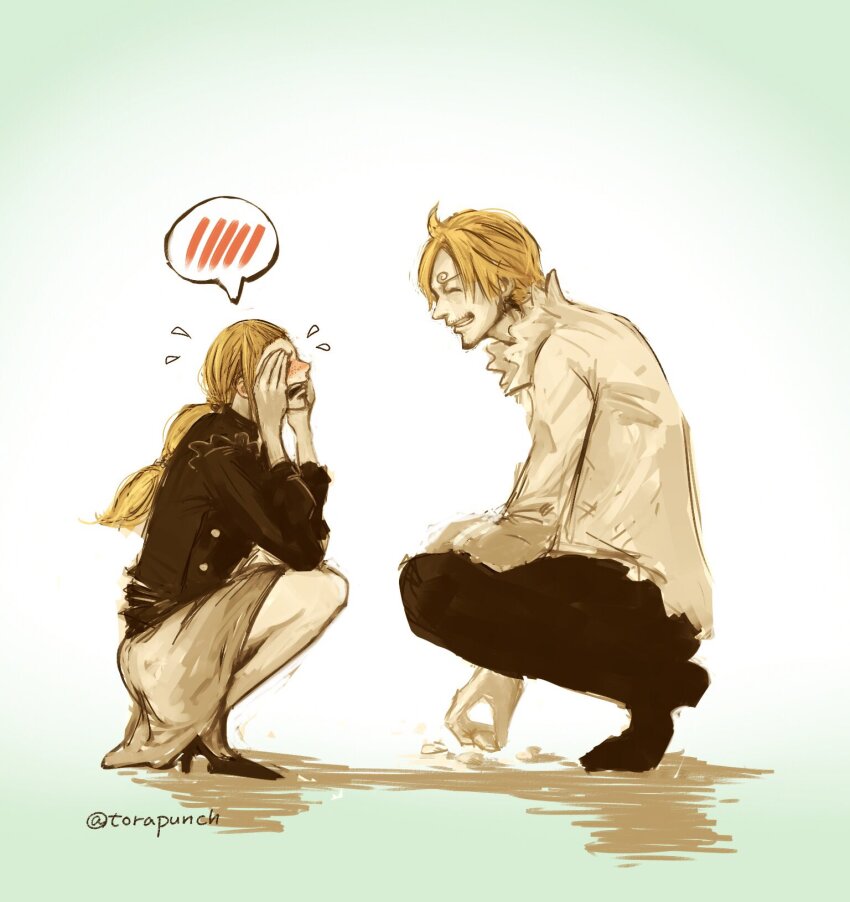1boy, 1girl, artist_name, asymmetrical_bangs, blonde_hair, blush, brown_hair, cosette_(one_piece)