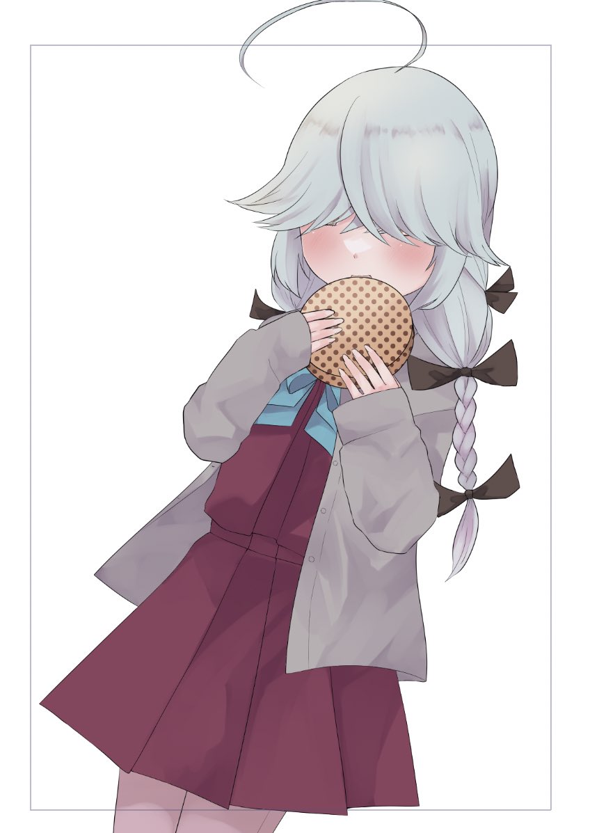 1girl, ahoge, black_ribbon, braid, cowboy_shot, dress, eating, food, grey_hair, grey_jacket, gumiko, hair_over_eyes, hair_ribbon, hamanami_(kancolle), jacket, kantai_collection, long_hair, long_sleeves, pantyhose, pleated_dress, purple_dress, purple_pantyhose, ribbon, school_uniform, simple_background, single_braid, solo, waffle, white_background