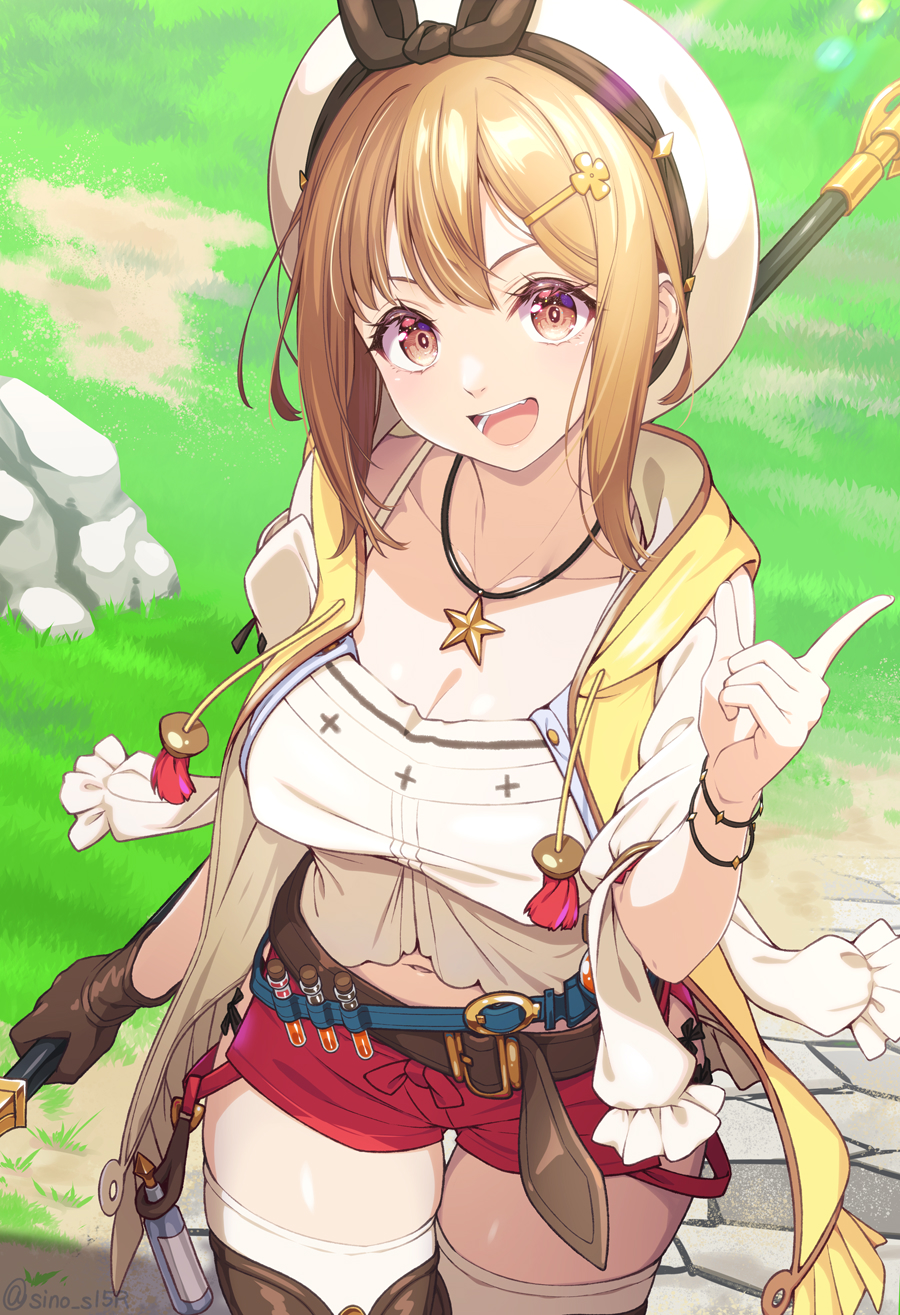 1girl, :d, atelier_(series), atelier_ryza, atelier_ryza_1, belt, beret, black_hairband