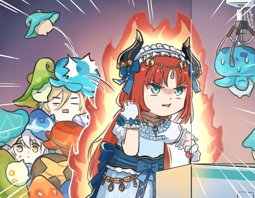 1boy, 2girls, aranara_(genshin_impact), blonde_hair, blue_dress, blue_eyes, clenched_hand, crane_game, dress, fire, genshin_impact, gloves, green_eyes, hair_between_eyes, highres, kaveh_(genshin_impact), kaveh_(gigo)_(genshin_impact), long_hair, multiple_girls, nahida_(genshin_impact), nilou_(genshin_impact), nilou_(gigo)_(genshin_impact), open_mouth, puffy_short_sleeves, puffy_sleeves, red_hair, short_sleeves, splash_page, stuffed_toy, twintails, white_gloves, white_hair, xinzoruo