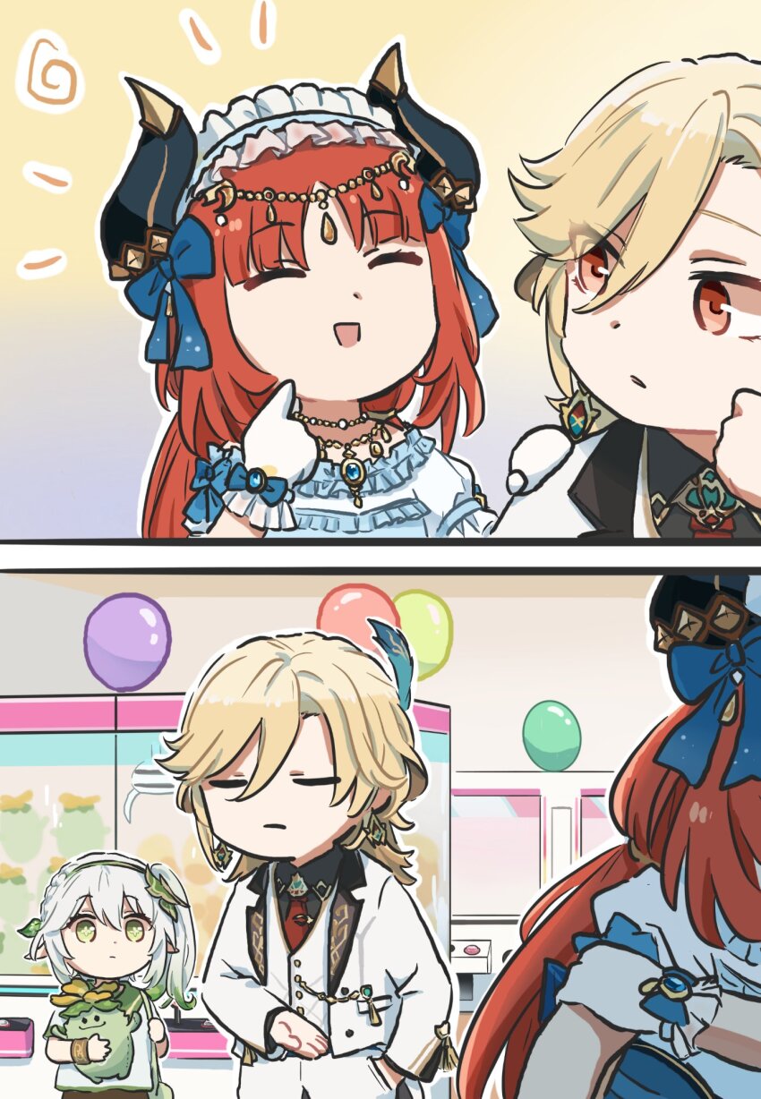 1boy, 2girls, aranara_(genshin_impact), balloon, black_shirt, blonde_hair, closed_eyes, collared_shirt