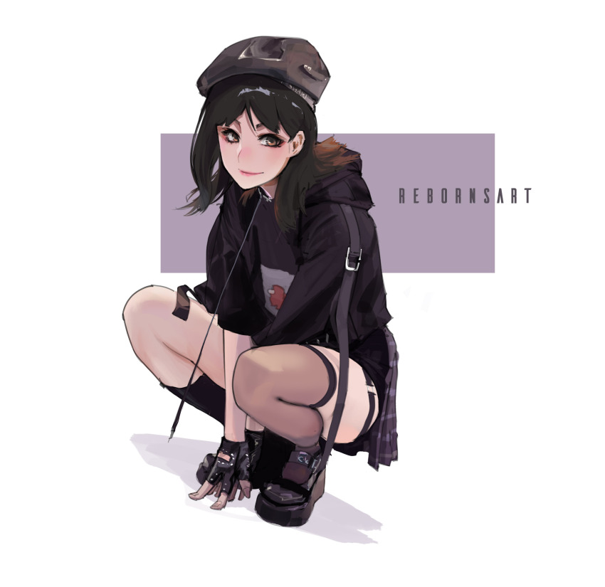 1girl, absurdres, among_us, artist_name, beret, black_hair, black_hat, black_hoodie