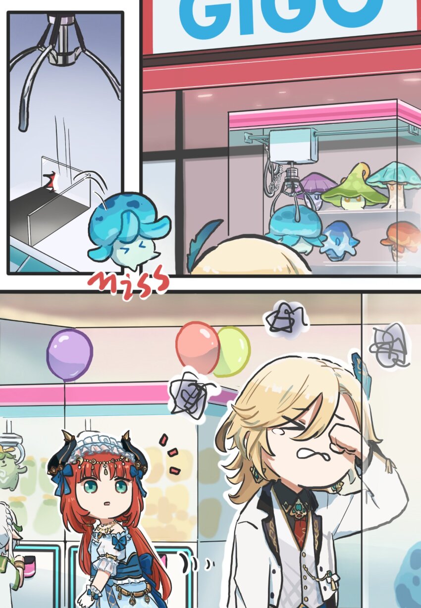 1boy, 2girls, aranara_(genshin_impact), black_gloves, black_shirt, blonde_hair, blue_dress, closed_eyes