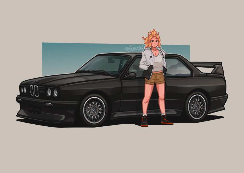 1girl, absurdres, arhentol, black_shoes, blonde_hair, bmw, bmw_3_series, bmw_e30