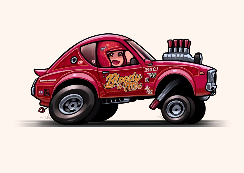 1girl, absurdres, arhentol, car, chibi, driving, fang, from_side