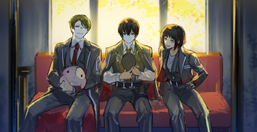 1girl, 2boys, alternate_universe, belt, black_belt, black_coat, black_eyes, black_hair